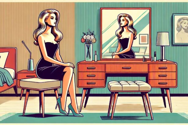 A_vector_art_style _image_featuring-a_beautiful-woman_in_front_of_a_mid-century_modern_dressing_table