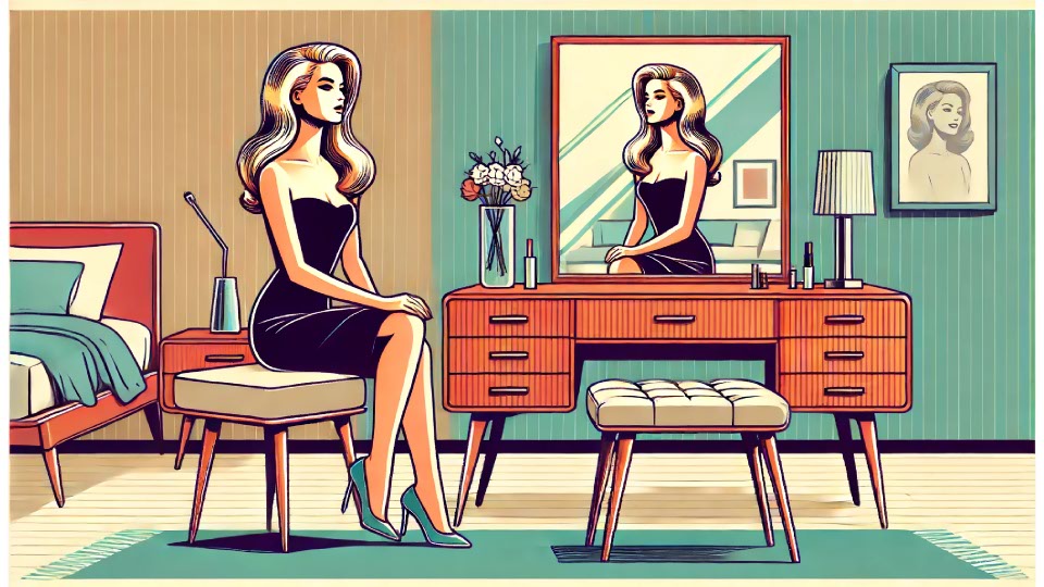 A_vector_art_style _image_featuring-a_beautiful-woman_in_front_of_a_mid-century_modern_dressing_table